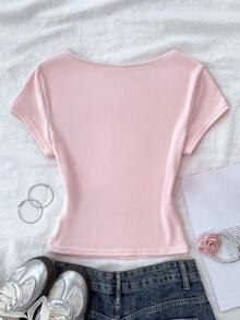 SHEIN Camiseta de Manga Curta Casual e Versátil para Uso Diário em Cor Sólida para Meninas Pré-Adolescentes - Rosa chiclete - Visão 2