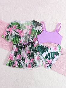 SHEIN Young Girl Floral Print Patchwork One-Piece Swimsuit And Long Robe,  Purple Patchwork Tropical Floral Print Swimsuit + Matching Color Cardigan With Drawstring Thin Breathable Beach Sunscreen Cover-Up Two-Piece Set - Purple - View 10