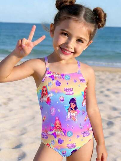 SHEIN Traje de baño de una pieza con estampado de letras y dibujos animados para niña, adecuado para vacaciones en la playa, fiestas en la piscina y fiestas en la playa