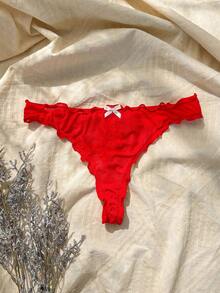 3packs Lettuce Trim Bow Front Sexy Thongs Lingerie Bow Tie - Red and White - View 7