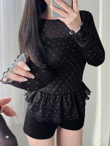 FRIFUL 女士夏季休闲波点印花荷叶边下摆薄纱衬衫 - 黑色 - 查看 7