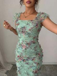 Elenzga Đầm midi nữ thanh lịch, lãng mạn, chất liệu lưới in họa tiết, xếp ly, thích hợp cho mùa cưới, tiệc tùng, hẹn hò, đi chơi thường ngày, mùa xuân/hè. - Xanh nhạt - Xem 3