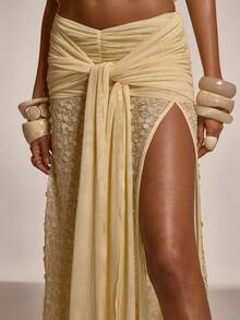 MUSERA Chân váy maxi xẻ tà, xếp ly, thắt eo nhún bèo, đính sequin, chỉ bán riêng phần quần. Thích hợp cho mùa hè, xuân, gợi cảm, đi chơi, đi biển, nghỉ lễ, du lịch. Honey Tides - Kem - Xem 5
