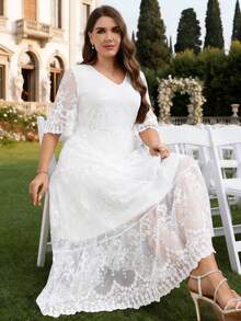 Zaforene Plus Size Women V-Neck Lace Fashion Date Gym Party Dress Brown Summer - White - View 2
