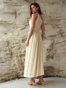 MOTF PREMIUM WOMEN'S LINEN STRIPE PRINT ASYMMETRIC NECK HOLLOW OUT WAIST FLARED DRESS, SPRING/SUMMER - Light Yellow - View 5