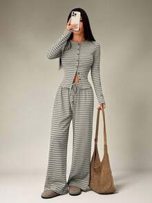 SHEIN PETITE 2pcs Women Casual Striped Front Button Long Sleeve Top And Wide Leg Pants Set, Spring And Summer,Work Outfits For Women - Multicolor - View 10