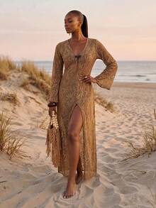 Zivah 2026 Women's Vacation Casual Beach Sheer Botanical Hollow-Out Dress Cover Up, Brown - Brown - View 2