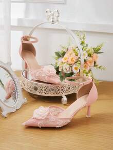 CUCCOO HITCHD Spring And Autumn New Pink Flower Mesh Lace Pointed Toe Heel Stylish Elegant Hollow Women's High Heel Shoes - Pink - View 1