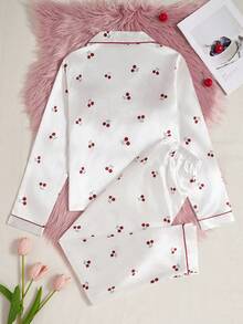 2 piezas Conjunto de pijama para adolescentes, pantalón largo y traje de estar por casa de manga larga en tela de dobby verde oliva con estampado floral rosa - Multicolor - Ver 2
