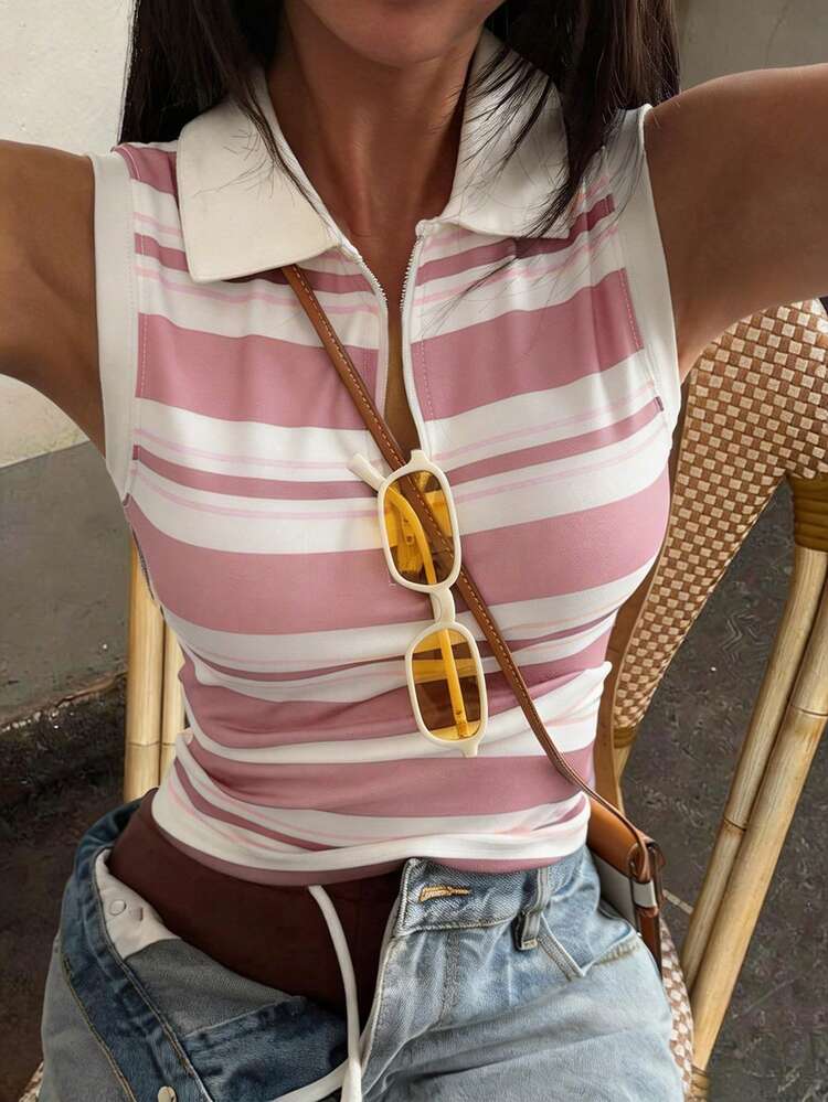 Pink Collar Striped Casual Tank Top For Women