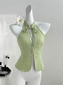 Sweetra Y2K性感优雅刺绣露背吊带度假上衣 - 綠色 - 查看 8