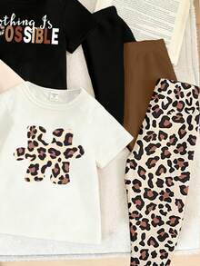2pcs/Set Girls' Casual Chic Bowknot Leopard Print Pattern T-Shirt And Leggings Outfit, Comfortable Daily Wear For Spring, Summer And Autumn - Multicolor - View 4