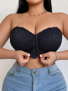 大码无钢圈蕾丝前扣文胸，性感提拉丰满，隐形后背设计 - 黑色 - 查看 8