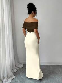 Selianne Contrast Color Patchwork Sexy Ruched Off-Shoulder Dress, Sleeveless Long Dress For Women - Brown - View 2