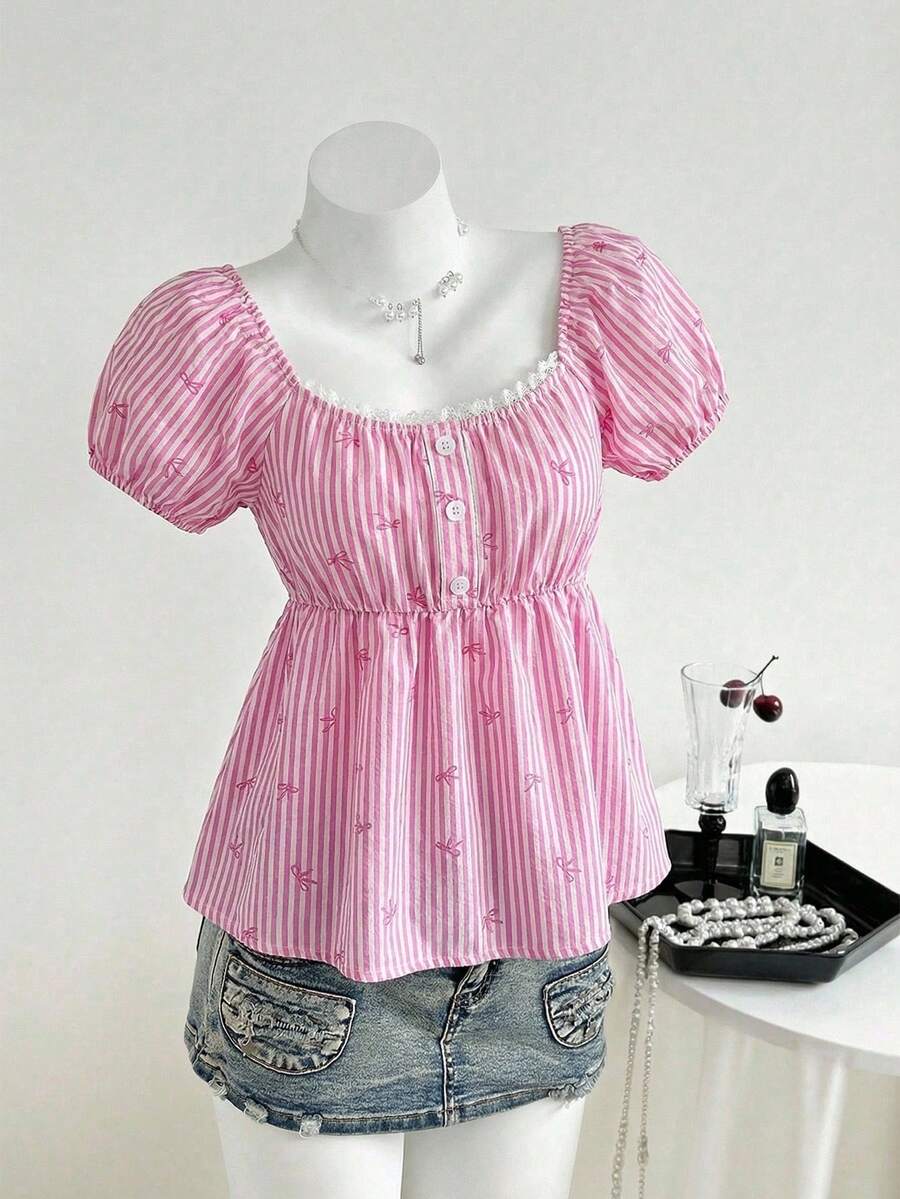 SHEIN 少女粉色条纹蝴蝶结白色蕾丝度假衬衫 - 白色 - 查看 1