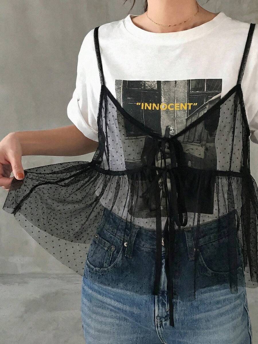 FRIFUL 女士系带网纱修身吊带背心，正面系带褶皱下摆，夏季 - 黑色 - 查看 1