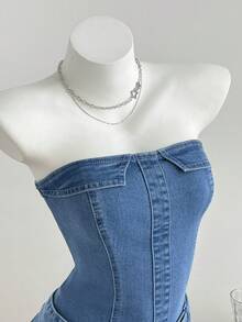 Elamini Đầm denim nữ kiểu corset cài eo, xếp ly ở gấu váy. - Rửa nhẹ - Xem 3