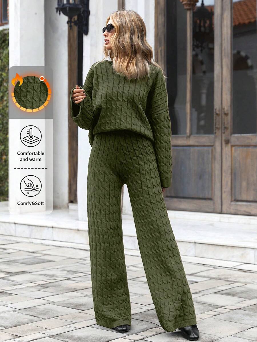 EURMUSE Women's Solid Color Cable Long Sleeve Top And Pants Sweater Set - Army Green - View 1