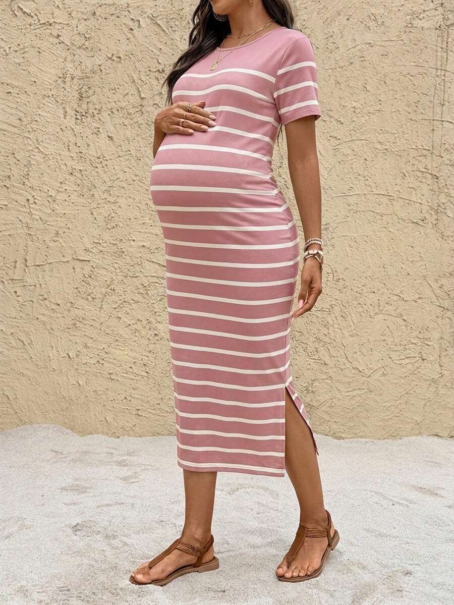 SHEIN Maternity Striped Round Neck Short Sleeve Side Slit Hem Casual Dress - Pink - View 1
