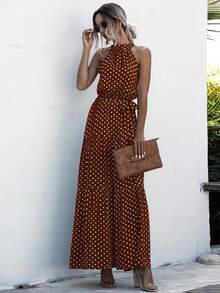 EMERY ROSE Vestido largo con estampado de lunares, volantes en el bajo y cinturón para mujer - Café integral - Ver 5