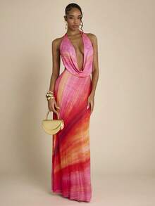 SHEIN BAE Gradient Orange Print Spaghetti Strap Backless Bodycon Dress, Elegant Beach Vacation Dress, Backless Long Dress, Sexy Graceful Dress, Date Dress, Birthday Dress, Date Party, Graceful Printed Dress - Orange - View 5