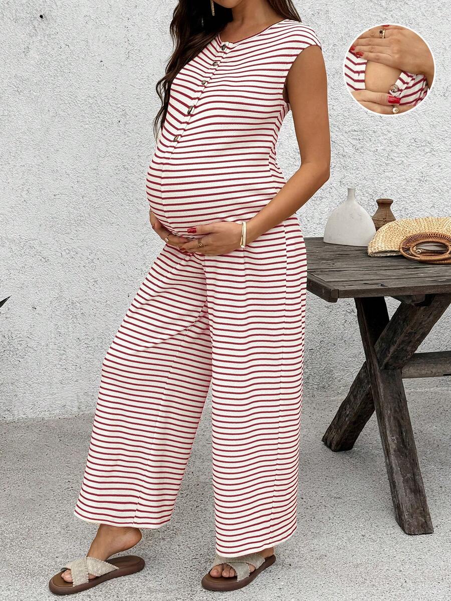 SHEIN Sommer Outfits, Umstandsmode, Umstandsoverall, lässiger gestreifter ärmelloser Umstandsoverall, rot-weiß farblich abgesetzter lässiger, locker sitzender Umstandsoverall, gestreifter Jumpsuit zum Stillen, lässiger Jumpsuit Sommer Jumpsuit Sommer Outfits für Frauen, Umstandsmode Sommer Outfits, Umstandssommerkleid, lässige Umstandskleider - Rot - Übersicht 1