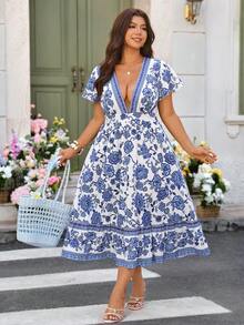 Breezaya Plus Size Boho Blue Baroque Print Midi Dress With Deep V Neck Short Sleeves And Flared Hem For Women - Blue - View 3