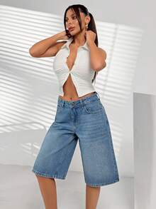 SHEIN Quần short jean cạp thấp, màu xanh dương nhạt, kiểu dáng đường phố, dài đến dưới đầu gối. - Rửa trung bình - Xem 3