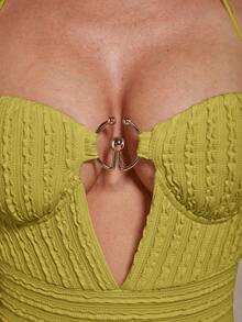 COSMINA Đầm nữ màu trơn xếp ly cổ yếm hở lưng - màu xanh lá - Xem 6