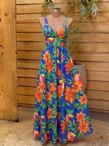 Lunelith SHEIN Lunessa Women's Tropical Plant Pattern Vacation Casual Hollow Out Design Dress Caribbean Dresses Tropical Vacation Outfits For Women Hawaiian Dress For Women Party Caribbean Outfits For Women Women S Beach Outfits - Multicolor - View 7