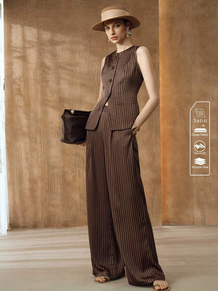 Arave Women's Sleeveless Striped Round Neck Fitted Vest With Faux Pockets And Waist Design, Suitable For Daily Commute - Camel - View 1