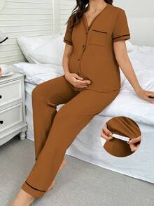 Moonlight&Mama Maternity Comfortable Front Button Short Sleeve Top And Pants Pajama Set, Summer - Brown - View 3