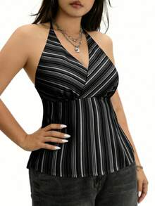 INAWLY Plus Size Striped Print Halter Neck Backless Casual Tank Top, Summer Halter Top Zebra Print Top Sleeveless Tops For Women Women's Tops Striped Top - Black - View 4