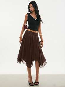 Poéselle 女士纯色蕾丝拼接不对称下摆优雅半身裙 - 棕色 - 查看 6