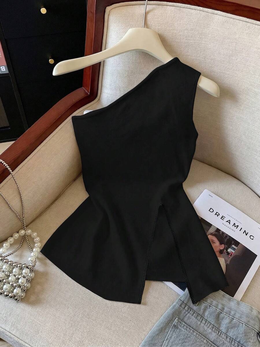 SHEIN PETITE 时尚休闲性感单肩侧开衩不对称修身无袖背心 - 黑色 - 查看 1