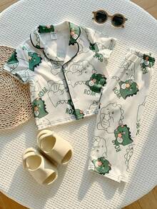 SHEIN Bộ đồ ngủ 2 món cho bé trai/bé gái gồm áo cardigan tay ngắn có cổ và quần cạp chun họa tiết khủng long hoạt hình, thích hợp cho mùa xuân/hè. - Nhiều màu - Xem 1