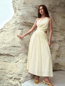 MOTF PREMIUM WOMEN'S LINEN STRIPE PRINT ASYMMETRIC NECK HOLLOW OUT WAIST FLARED DRESS, SPRING/SUMMER - Light Yellow - View 7