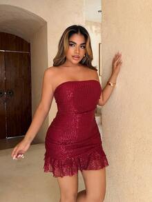 Maria Perezxox 女士时尚性感亮片系带露背抹胸迷你连衣裙，圣诞派对 - 酒紅色 - 查看 5