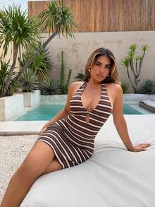 Maria Perezxox Women's Casual Vacation, Beach Wedding Guest, Graduation, Brunch, St. Patrick's Day, Spring Break, Easter, Music Festival, Elegant Bohemian, Tropical Elegant Strapless, Off-Shoulder, Backless Mini Dress For Office/Work, Beach Outfit For Women Party - Brown - View 1