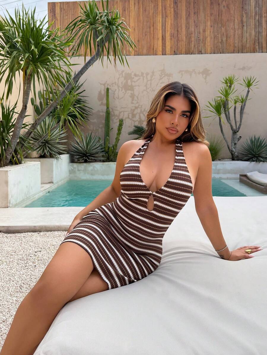 Maria Perezxox Women's Casual Vacation, Beach Wedding Guest, Graduation, Brunch, St. Patrick's Day, Spring Break, Easter, Music Festival, Elegant Bohemian, Tropical Elegant Strapless, Off-Shoulder, Backless Mini Dress For Office/Work, Beach Outfit For Women Party - Brown - View 1