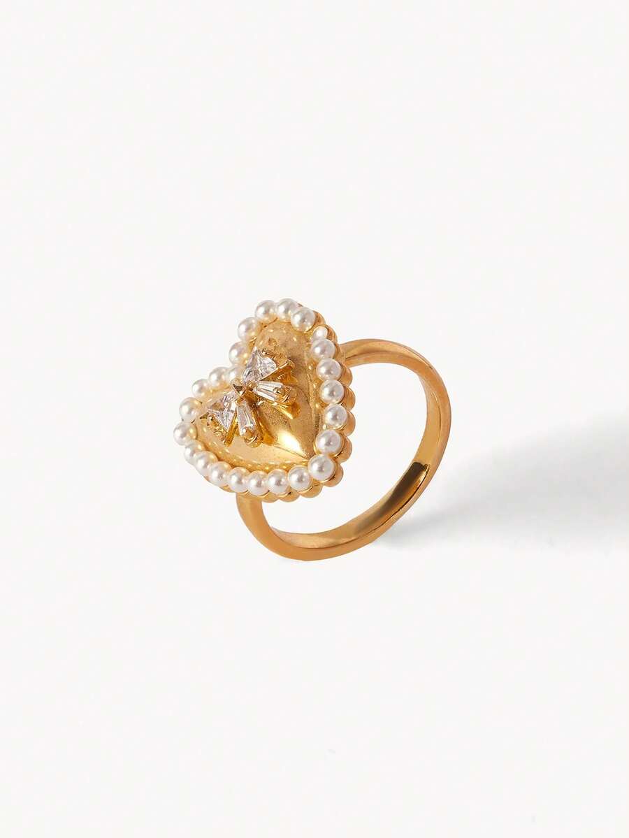 Opalesca Simple And Versatile Love Bow Ring,Premium/Elegant/Classy/Dailywear/Minimalist,Pearl/Crystal,For Mom/Women/Girl/Mother,Summer/Beach/Prom/Party/Holiday/Vacation,Engagement/Wedding/Promise,Bride,Heart/Floral,Fairycore/Mermaid Core - Gold - View 1