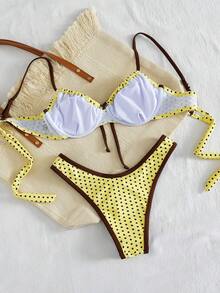 Bộ bikini 2 mảnh Swim Mod mới về dành cho nữ, kiểu dáng thanh lịch retro Y2K, dễ thương, năng động, thích hợp cho mùa hè, màu vàng chủ đạo phối chấm bi nâu. Áo bikini kiểu balconette nhún bèo với nơ phía trước, viền nâu tương phản và dây đeo có thể điều chỉnh. Quần bikini cạp cao, chất liệu co giãn mềm mại, lý tưởng cho kỳ nghỉ hè, tiệc bể bơi, lễ hội âm nhạc, ngày lễ của mẹ/đám cưới, và kỳ nghỉ xuân. - Màu vàng - Xem 2