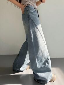 DAZY 女士宽松开衩弧形牛仔牛仔裤，休闲街头风，春夏款 - 藍色 - 查看 5