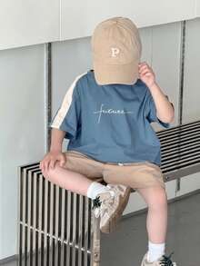 SHEIN 男童宽松舒适休闲针织套装（2件套），拼接撞色圆领短袖T恤和短裤，适合春夏季节日常穿着、运动、郊游、上学、聚会、节日、拍照等场合。 - 藍色 - 查看 7