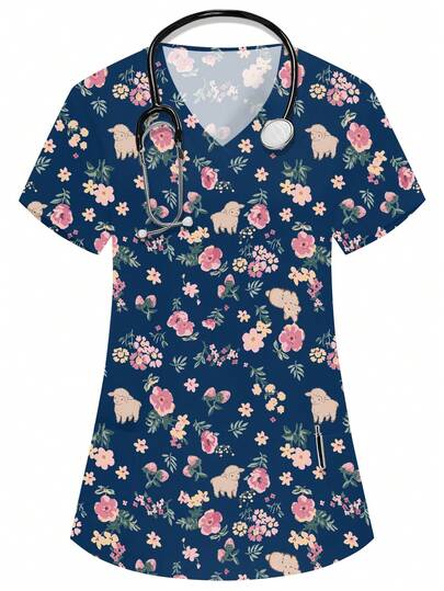 PopScrub Women's Blue V-Neck Short Sleeve Ditsy Floral Top With Dual Pockets, Casual Floral Pattern, Nurse/Doctor Uniform, Veterinary Technician Scrubs, Nutritionist Work Outfit, Lab Coat With Multiple Pockets, Functional Workwear, Cute Holiday Attire