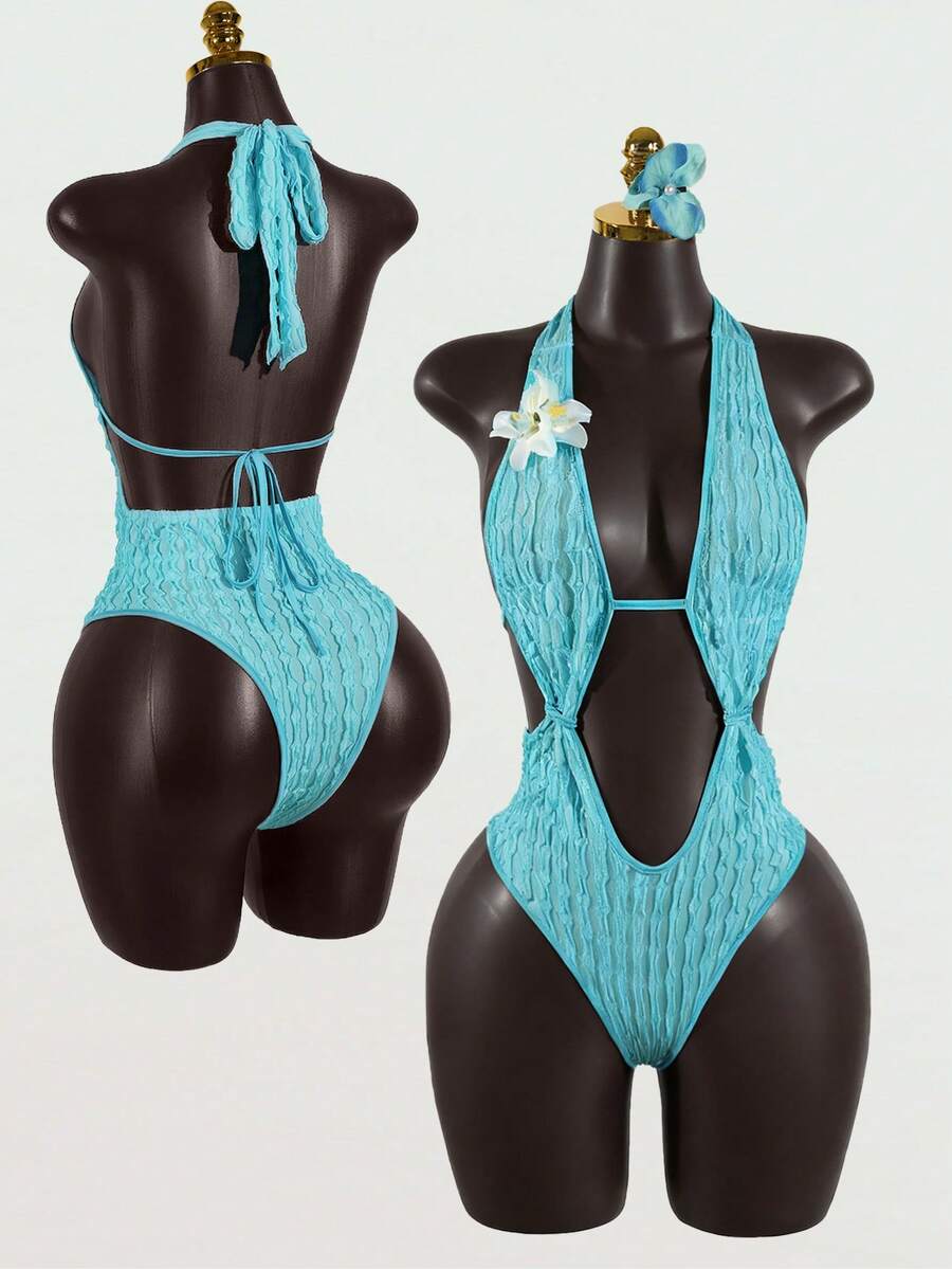 SaltGleam SaltGleam Bộ đồ liền thân hở lưng gợi cảm dành cho nữ, trang phục đi biển thời trang. - Màu xanh bạc hà - Xem 1