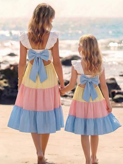 Elladie kids 1pc Girls' Summer New Korean Fashion Flutter Sleeve Color Block Cake A-Line Hollow Design Detachable Big Bow Vacation Cute Macaron Dress