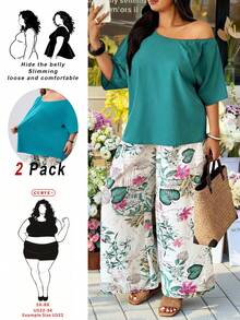 SHEIN CURVE+ Bộ đồ 2 mảnh dành cho nữ cỡ lớn, gồm quần in họa tiết ngẫu nhiên và áo kiểu lệch vai màu xanh lá cây, thích hợp cho dịp thường ngày hoặc đi nghỉ mát. - màu xanh lá - Xem 9
