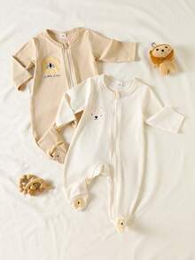 2pcs Newborn Baby Boys/Girls Casual Ribbed Lion & Leopard Cartoon Pattern Comfortable Zip-Up Jumpsuit, Suitable For All Seasons - Multicolor - View 8