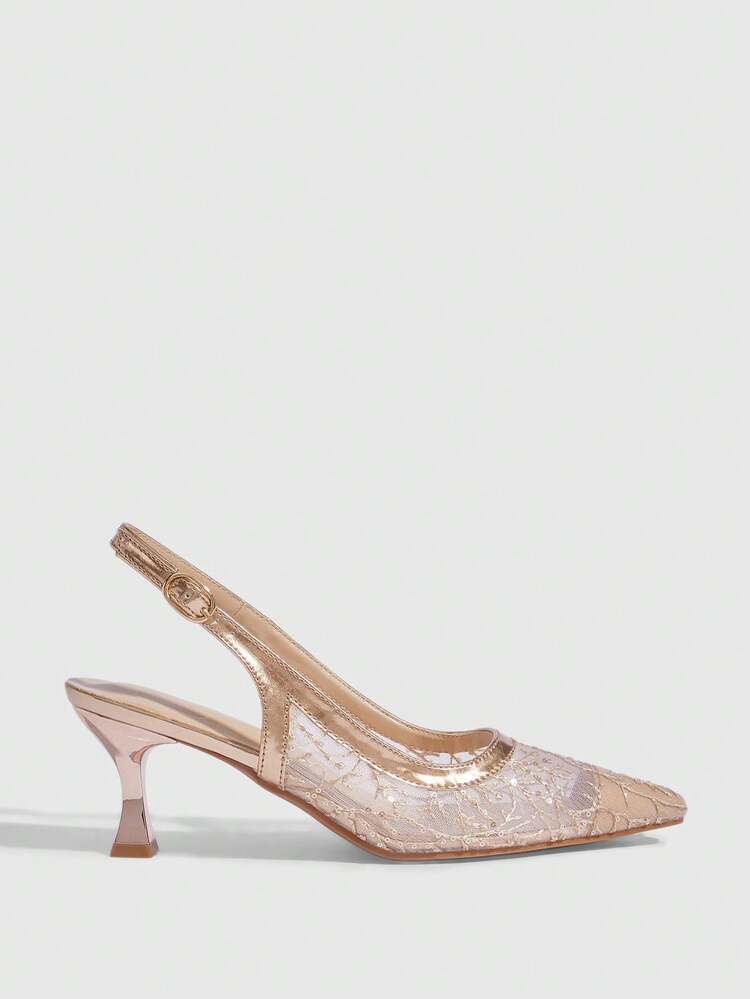 CUCCOO SZL Women Shoes Women's Fashion Pointed Mesh PU Splicing Fashion Party Dinner Gorgeous Sexy Kitten Heel Women's High Heel Shoes After Slingback Shoes